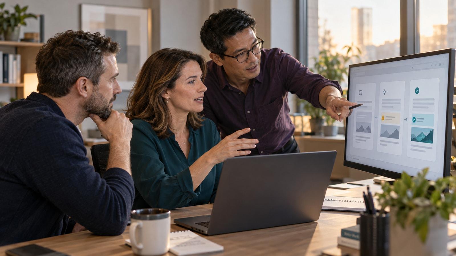 Three colleagues review a shared AI workflow on a desktop monitor, with a laptop and notes on the table.