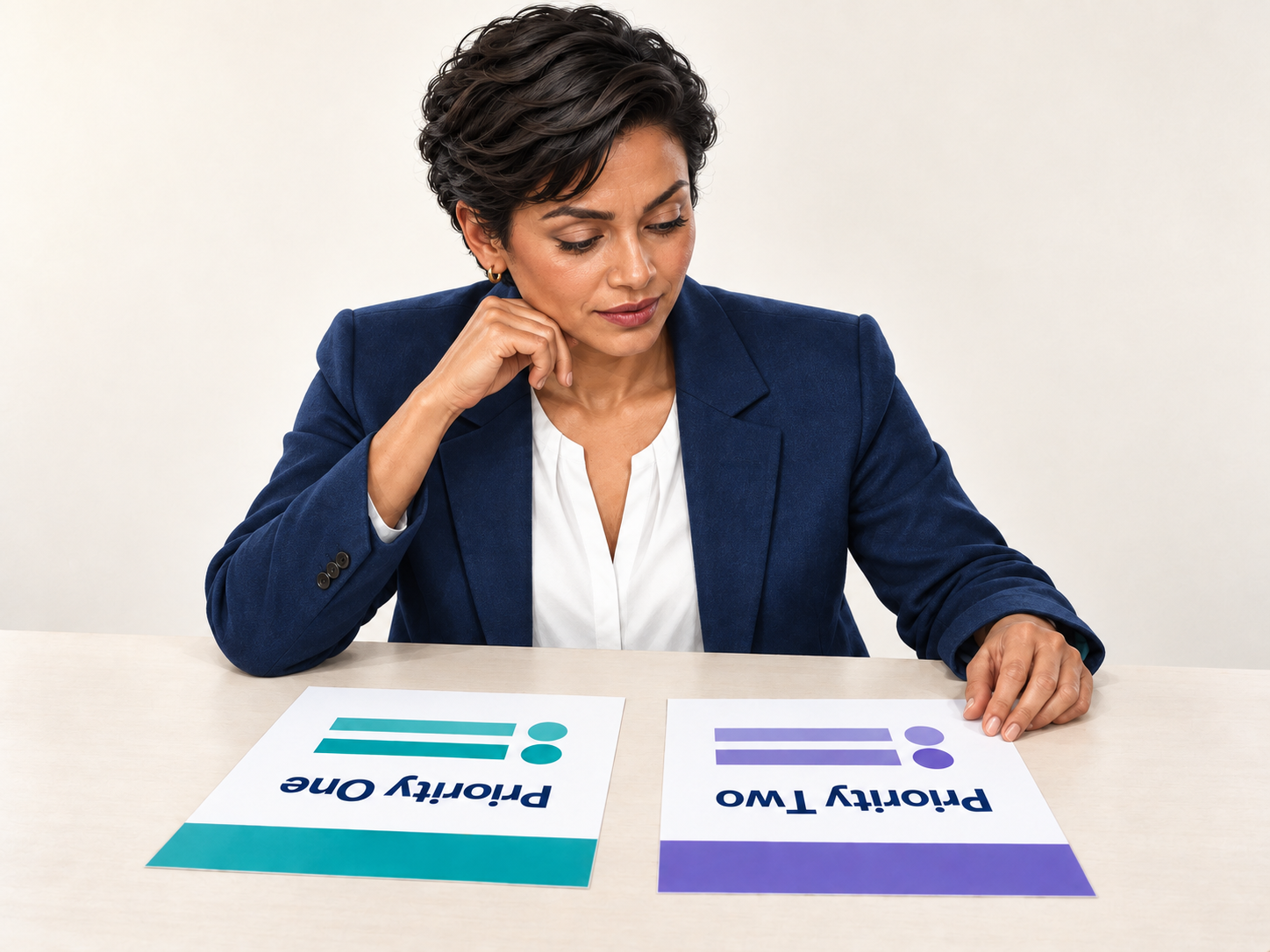 A professional in a navy jacket thoughtfully considering two priority documents.