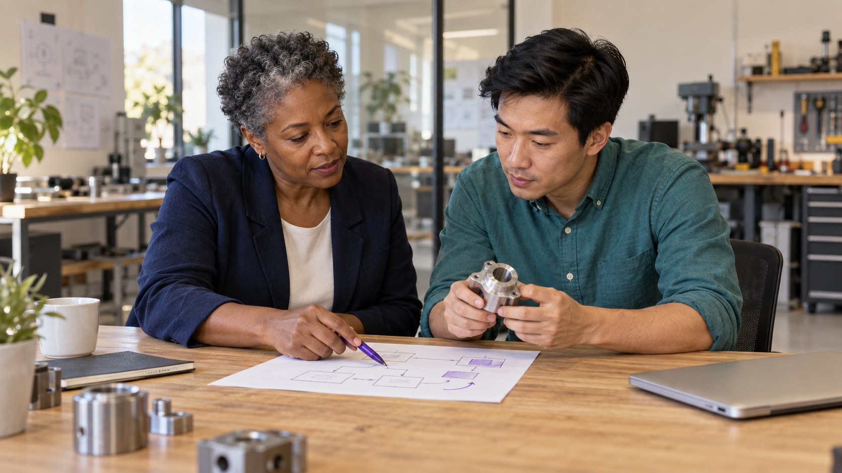A senior leader and a younger colleague examine a precision-machined component and workflow sketch together in a bright engineering workshop.