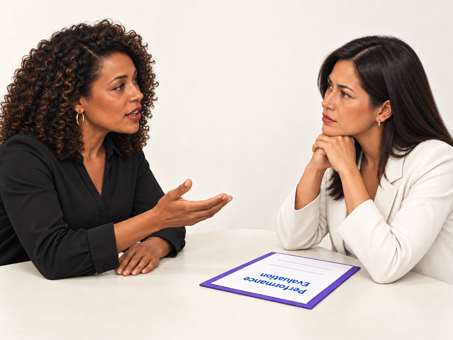 Two professionals facing one another during a performance evaluation conversation.