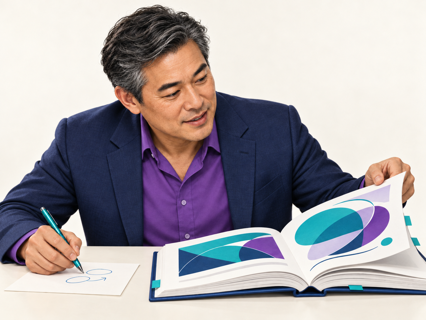 A professional reading a book of abstract diagrams and sketching notes.