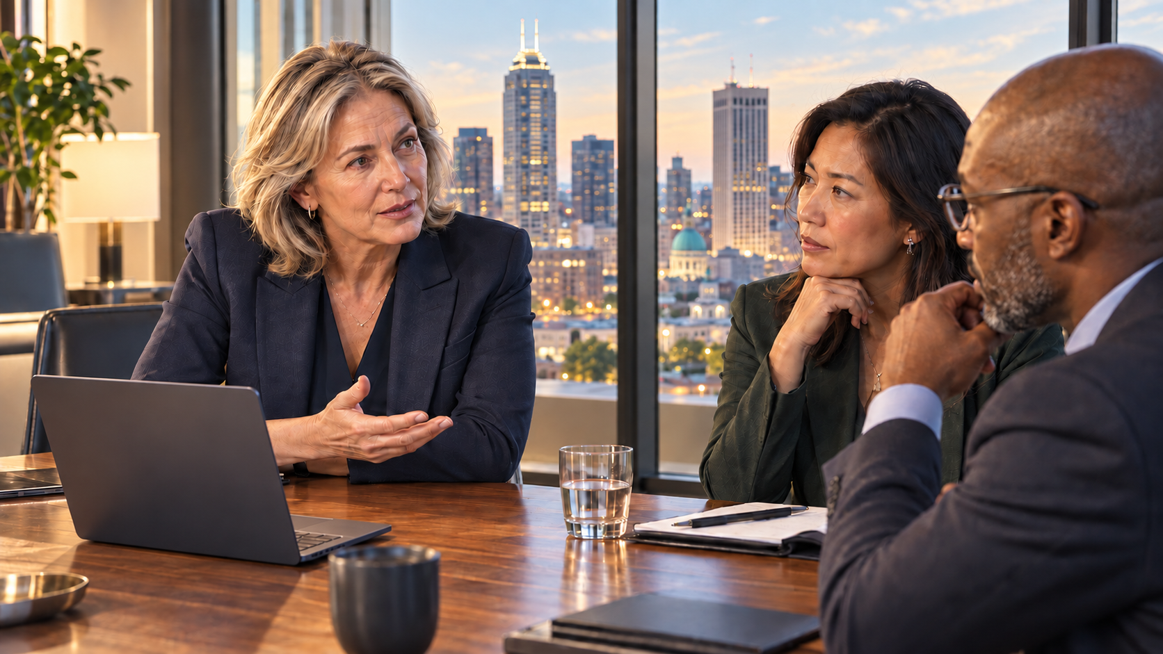 Three executives in a thoughtful discussion around a conference table overlooking a city skyline.