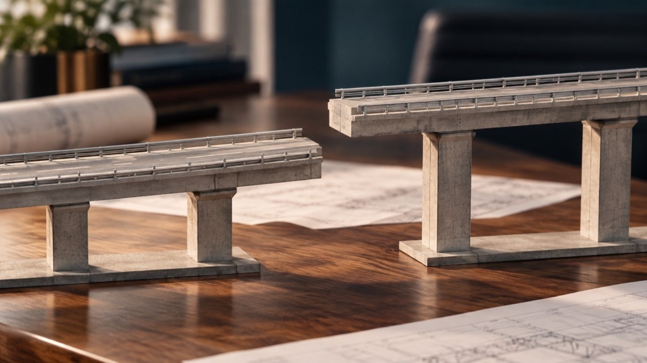 Two model bridge sections at different heights stand disconnected on a conference table.