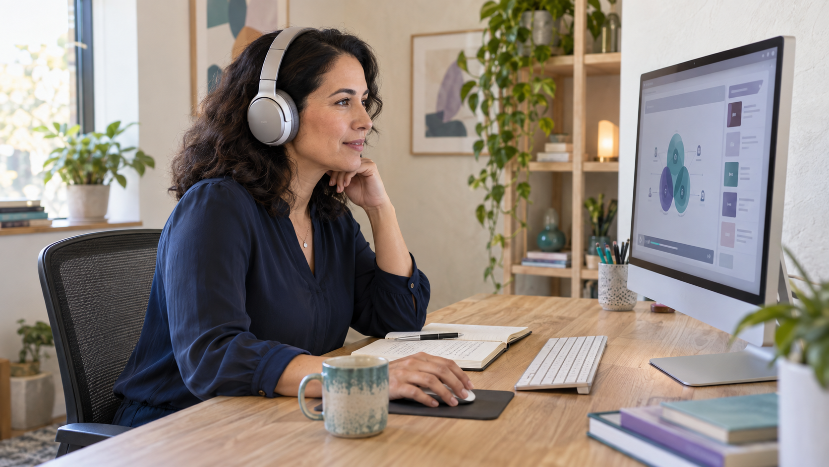 A woman wearing headphones studies material on a desktop monitor, with an open notebook beside her.