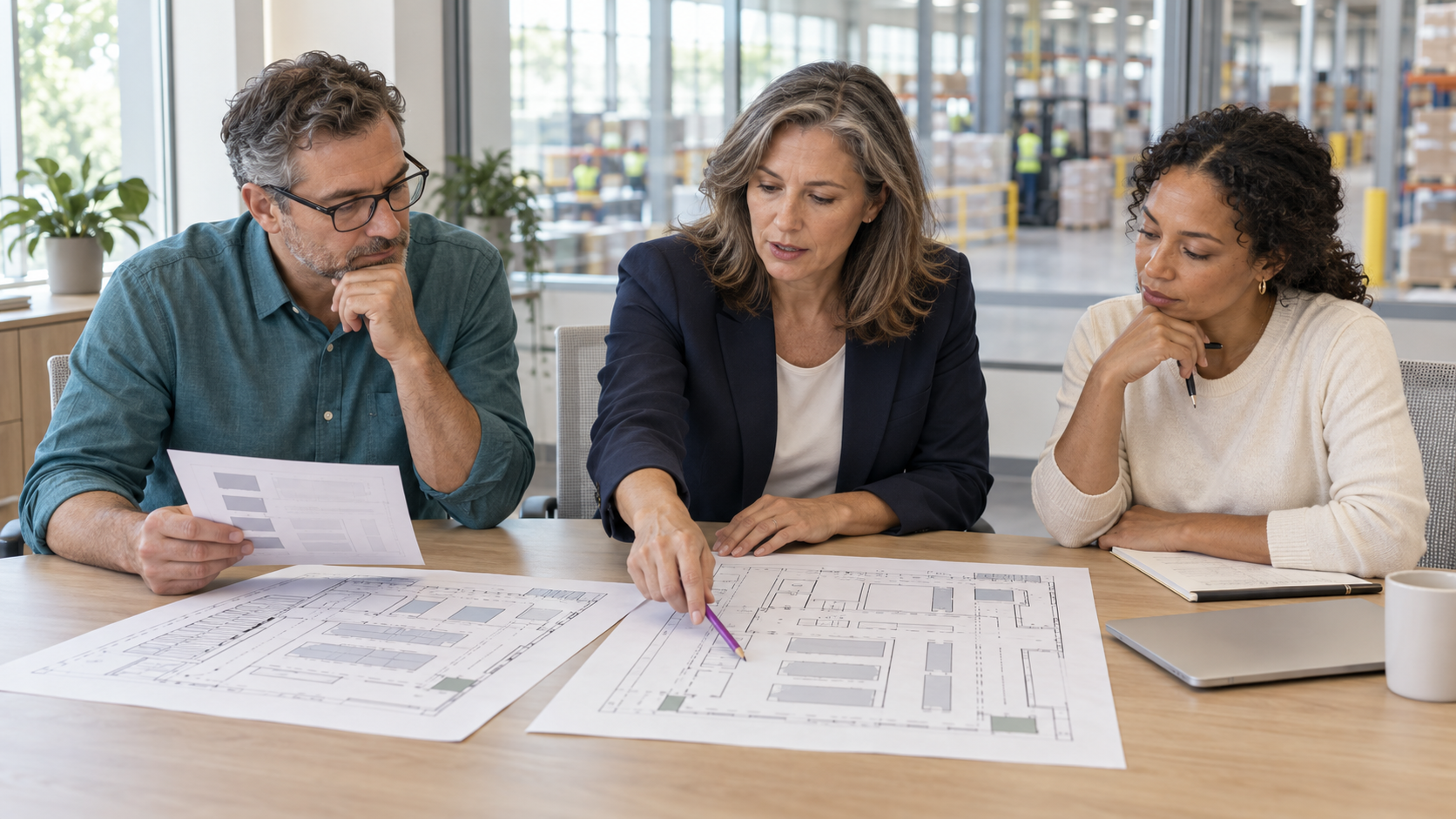 Three colleagues examine plans and evidence around a table in a bright distribution facility.