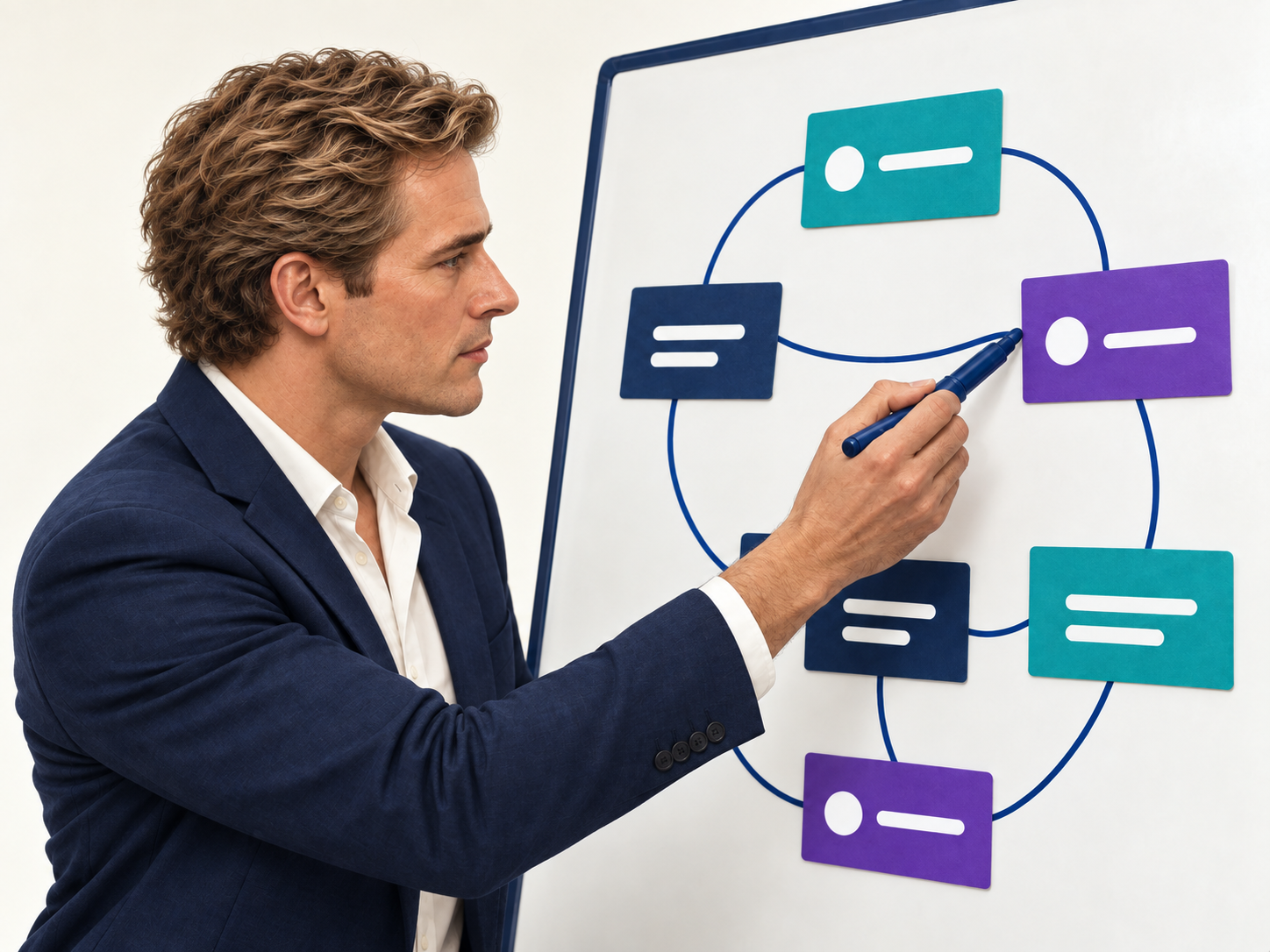 A professional examining connected elements on a whiteboard.