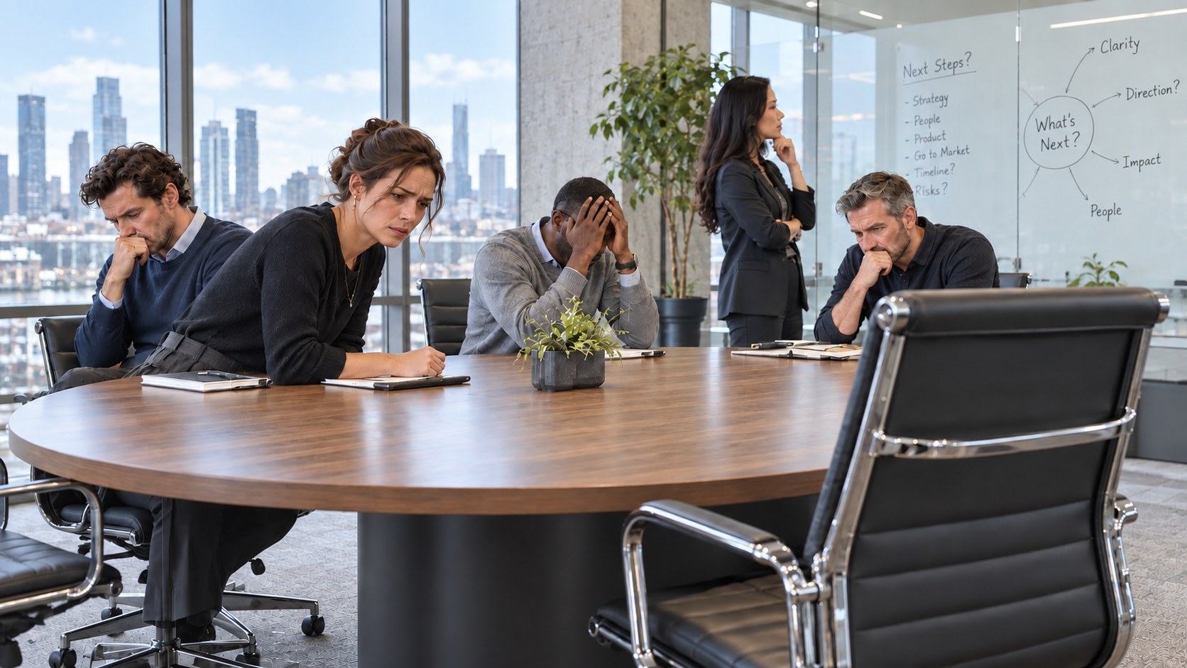 Illustration of an empty executive chair at a conference table.